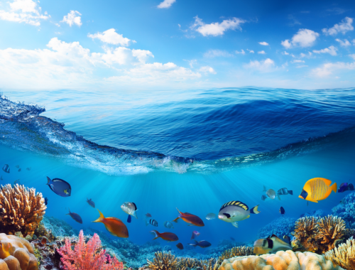 Vue à moitié sous-marine montrant la surface de la mer et des poissons nageant en dessous