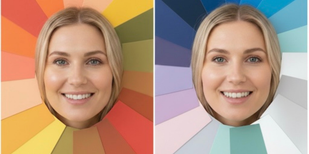 Deux têtes de femmes entourées par des palettes de couleurs chaudes et froides