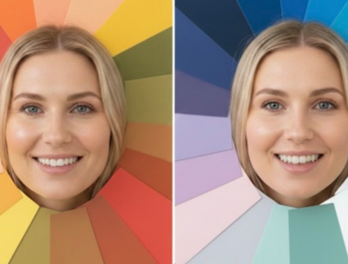 Deux têtes de femmes entourées par des palettes de couleurs chaudes et froides