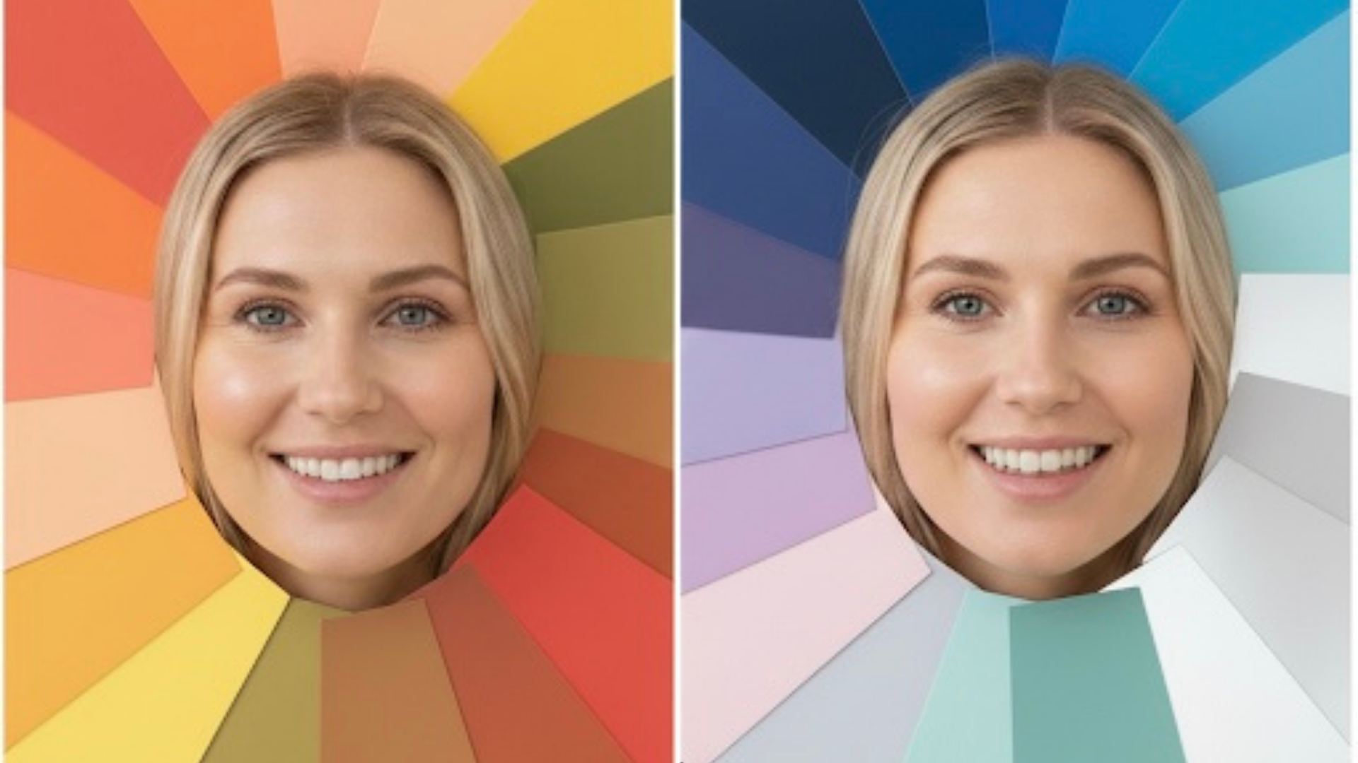 Deux têtes de femmes entourées par des palettes de couleurs chaudes et froides