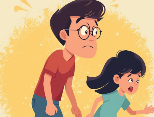 Illustration d’un père stressé suivant sa fille qui court