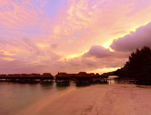 Paysage paradisiaque avec vue sur une plage au coucher du soleil