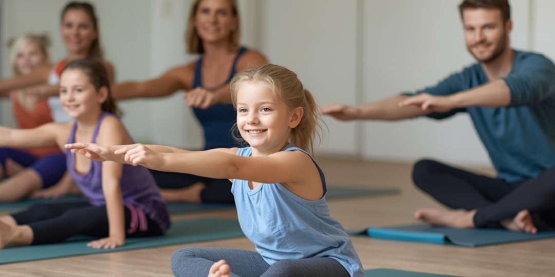 Cours de Pilates avec des enfants souriants assis, suivis de leurs parents