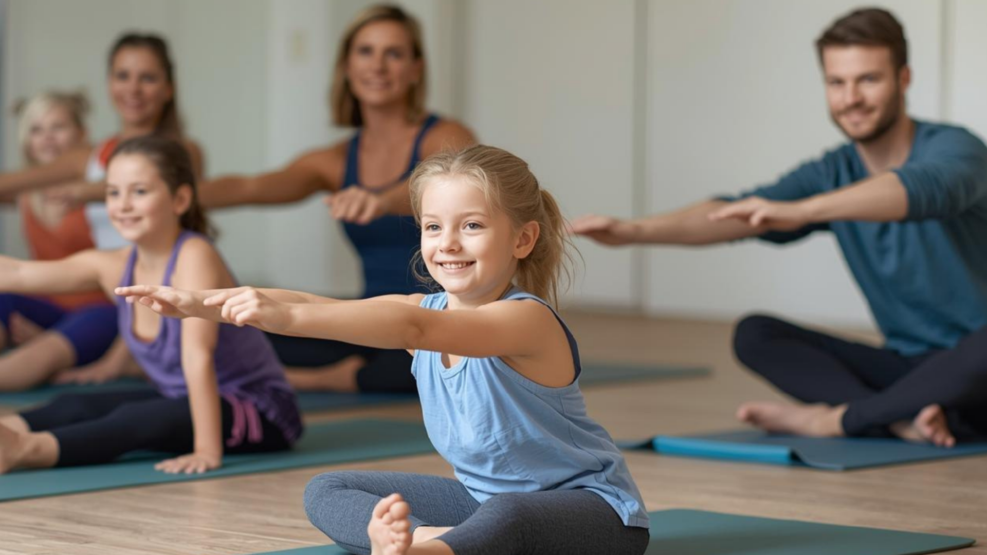 Cours de Pilates avec des enfants souriants assis, suivis de leurs parents
