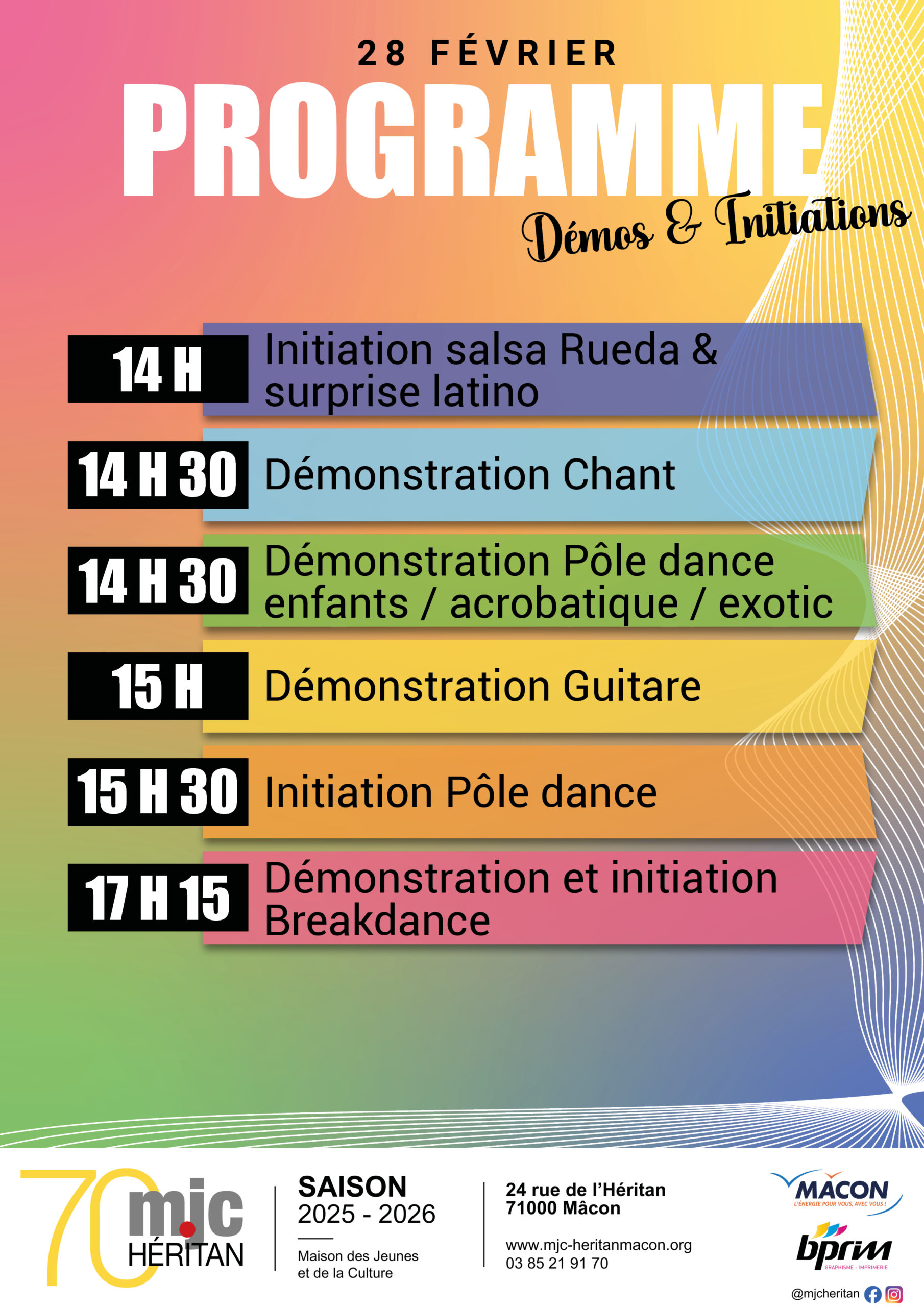Programme des démos et initiations pour les 70 ans de la MJC Héritan