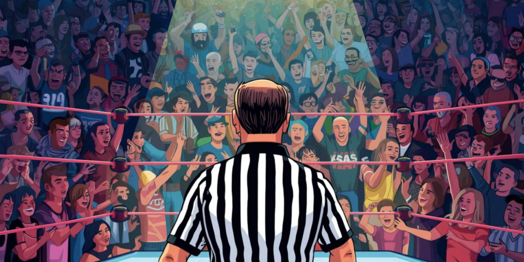Illustration d’un arbitre sur un ring entouré d’un public en délire
