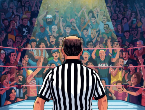 Illustration d’un arbitre sur un ring entouré d’un public en délire