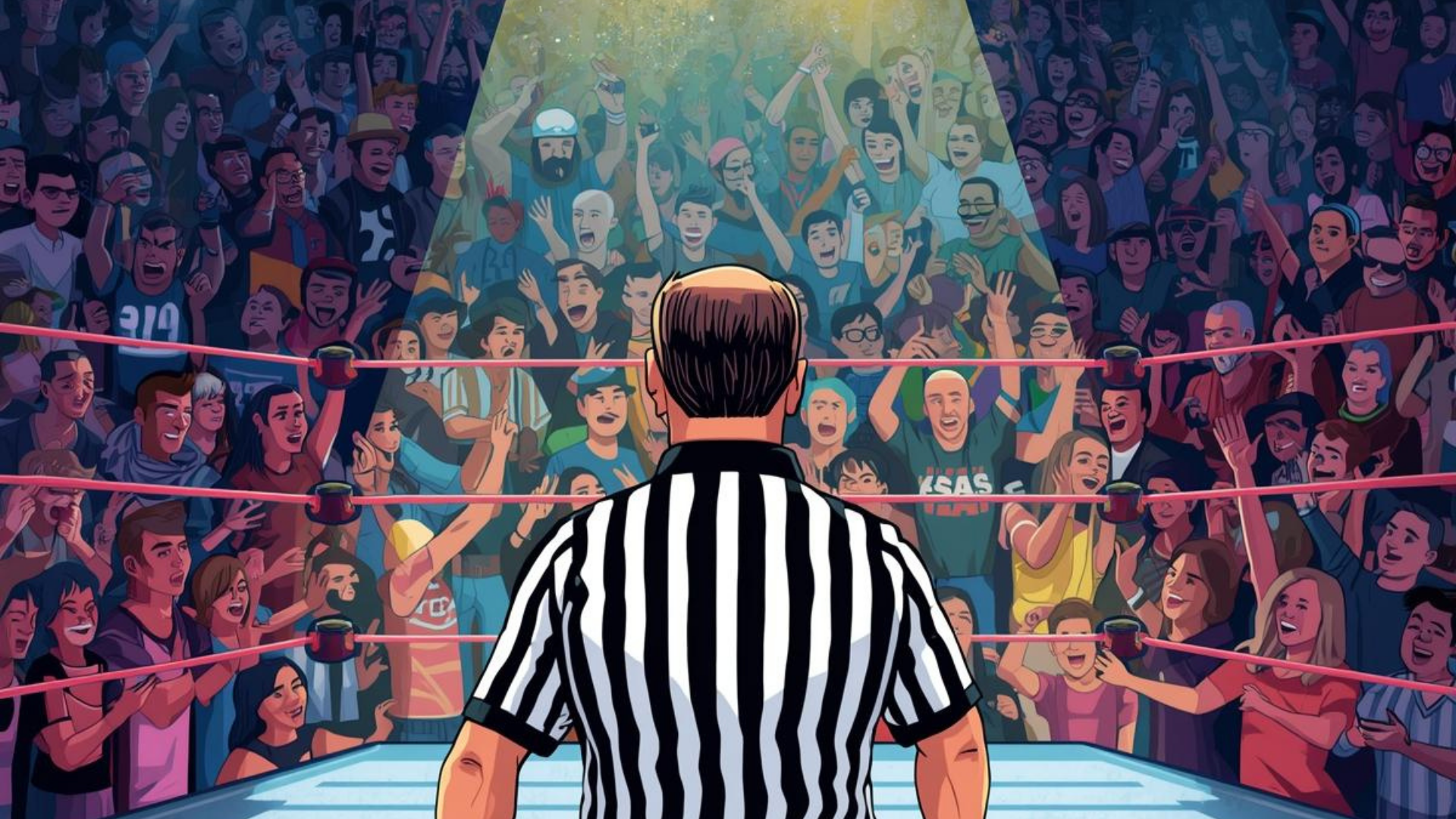 Illustration d’un arbitre sur un ring entouré d’un public en délire
