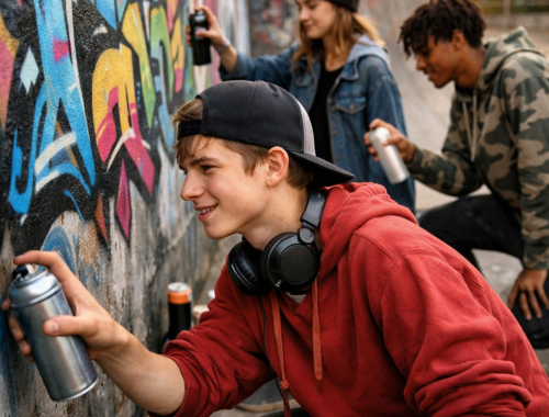 Un groupe de jeunes réalise des graffitis dans la rue à l'aide de bombes de peinture