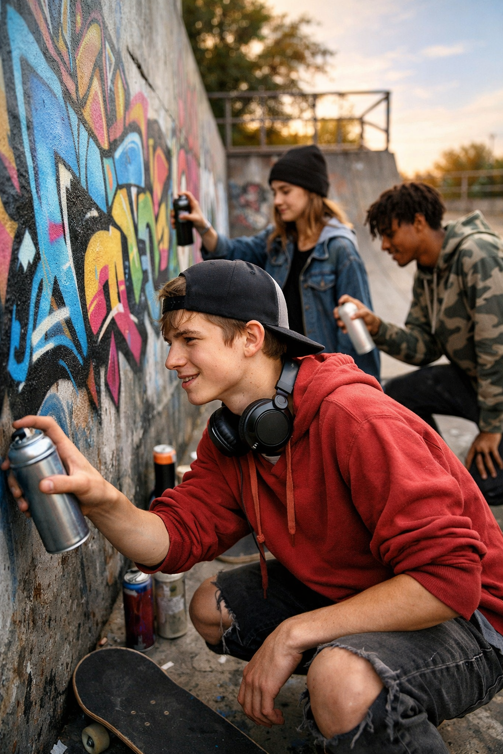 Un groupe de jeunes réalise des graffitis dans la rue à l'aide de bombes de peinture