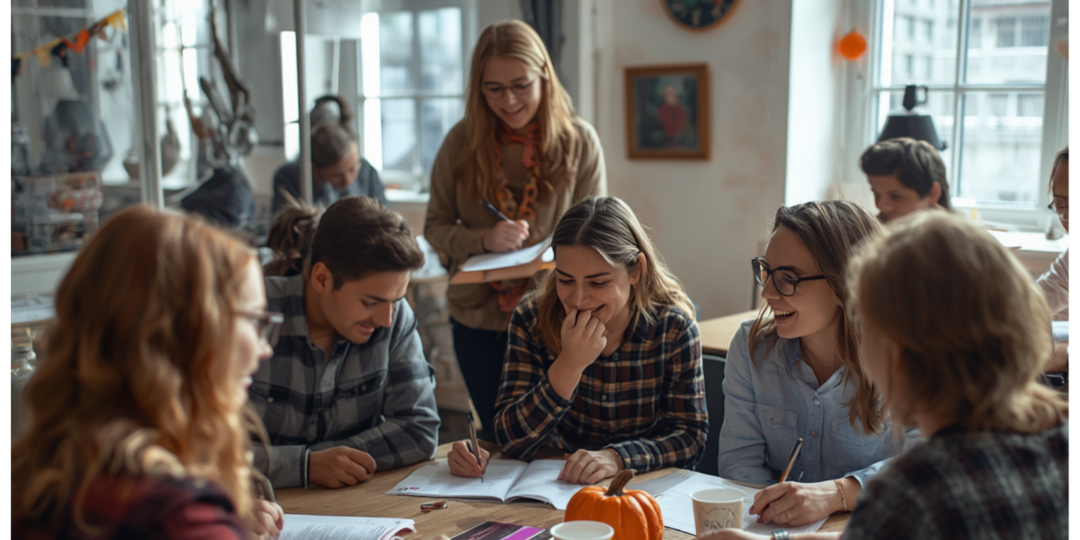 Participants à un cours d'anglais spécial Halloween réalisant des activités d'écriture et d'expression orale dans une ambiance conviviale.