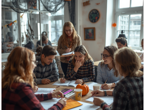 Participants à un cours d'anglais spécial Halloween réalisant des activités d'écriture et d'expression orale dans une ambiance conviviale.