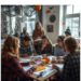 Participants à un cours d'anglais spécial Halloween réalisant des activités d'écriture et d'expression orale dans une ambiance conviviale.