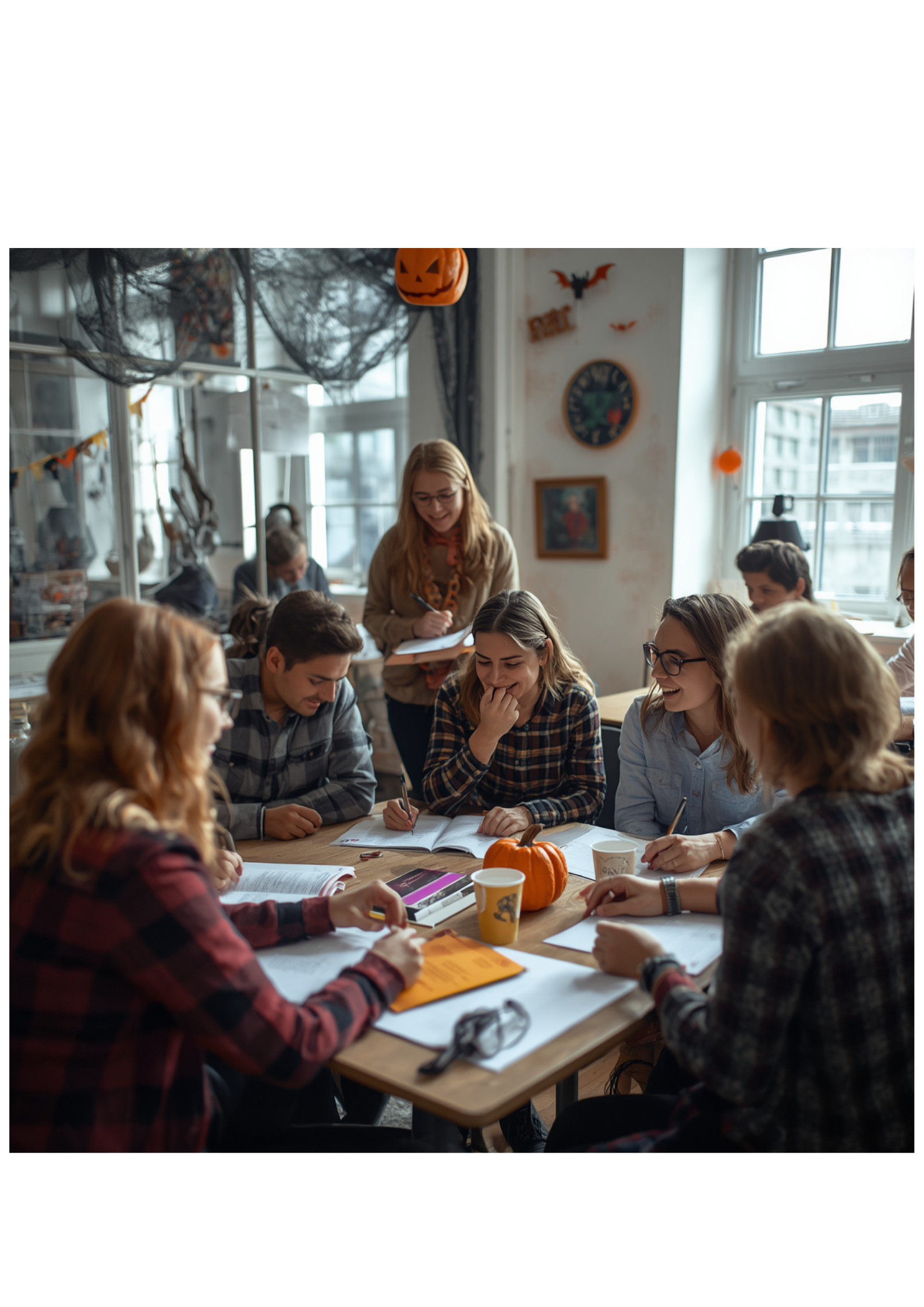 Participants à un cours d'anglais spécial Halloween réalisant des activités d'écriture et d'expression orale dans une ambiance conviviale.