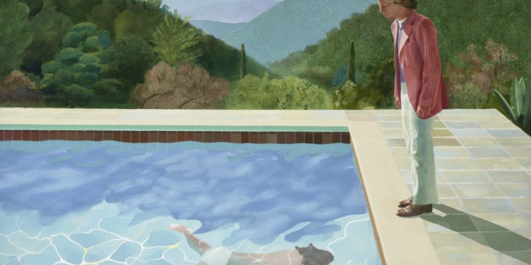 Peinture de David Hockney représentant une personne sous l'eau dans une piscine ainsi qu'une personne le regardant du bord de la piscine