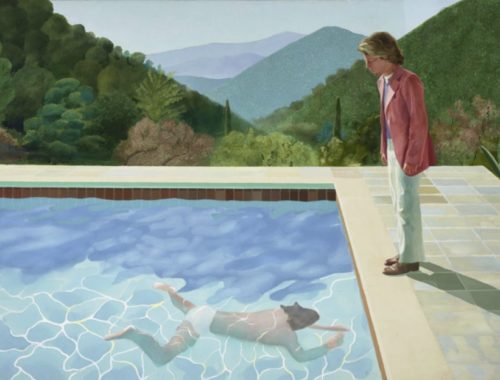Peinture de David Hockney représentant une personne sous l'eau dans une piscine ainsi qu'une personne le regardant du bord de la piscine