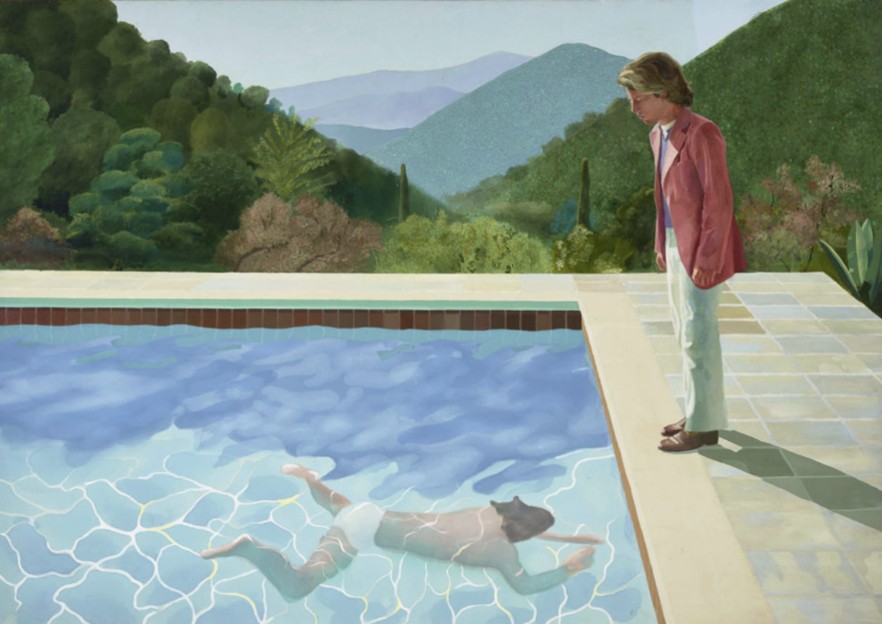 Peinture de David Hockney représentant une personne sous l'eau dans une piscine ainsi qu'une personne le regardant du bord de la piscine