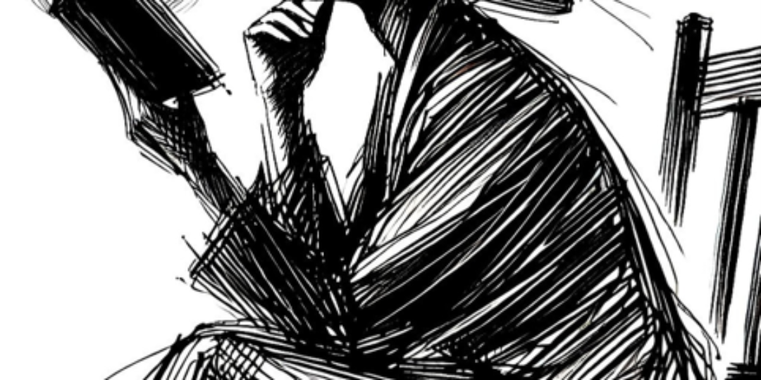 Dessin en noir et blanc d'une femme assise en pleine lecture.