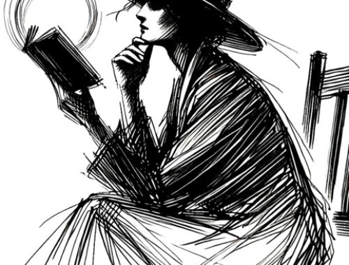 Dessin en noir et blanc d'une femme assise en pleine lecture.