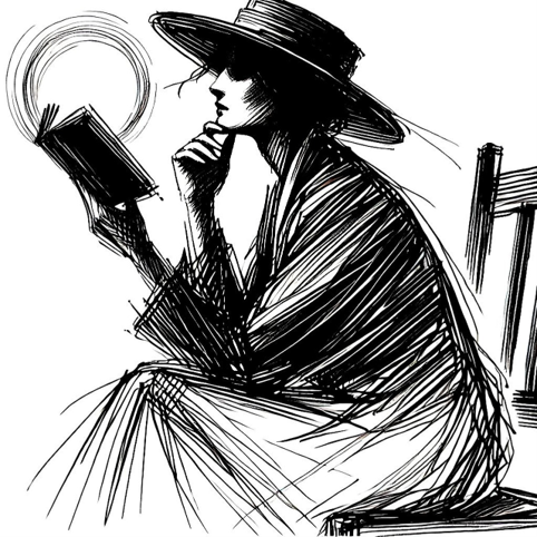 Dessin en noir et blanc d'une femme assise en pleine lecture.