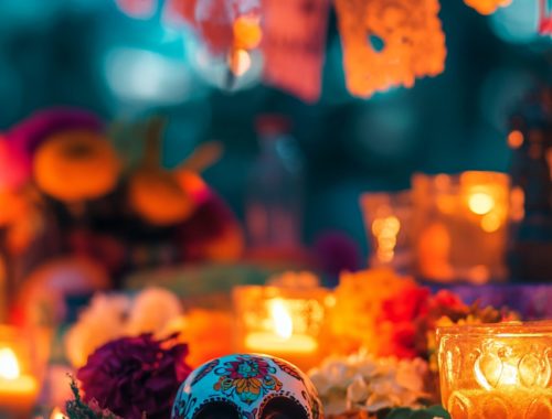 Décoration traditionnelle du Día de los Muertos utilisée dans un cours d'espagnol pour découvrir la langue et la culture mexicaines.