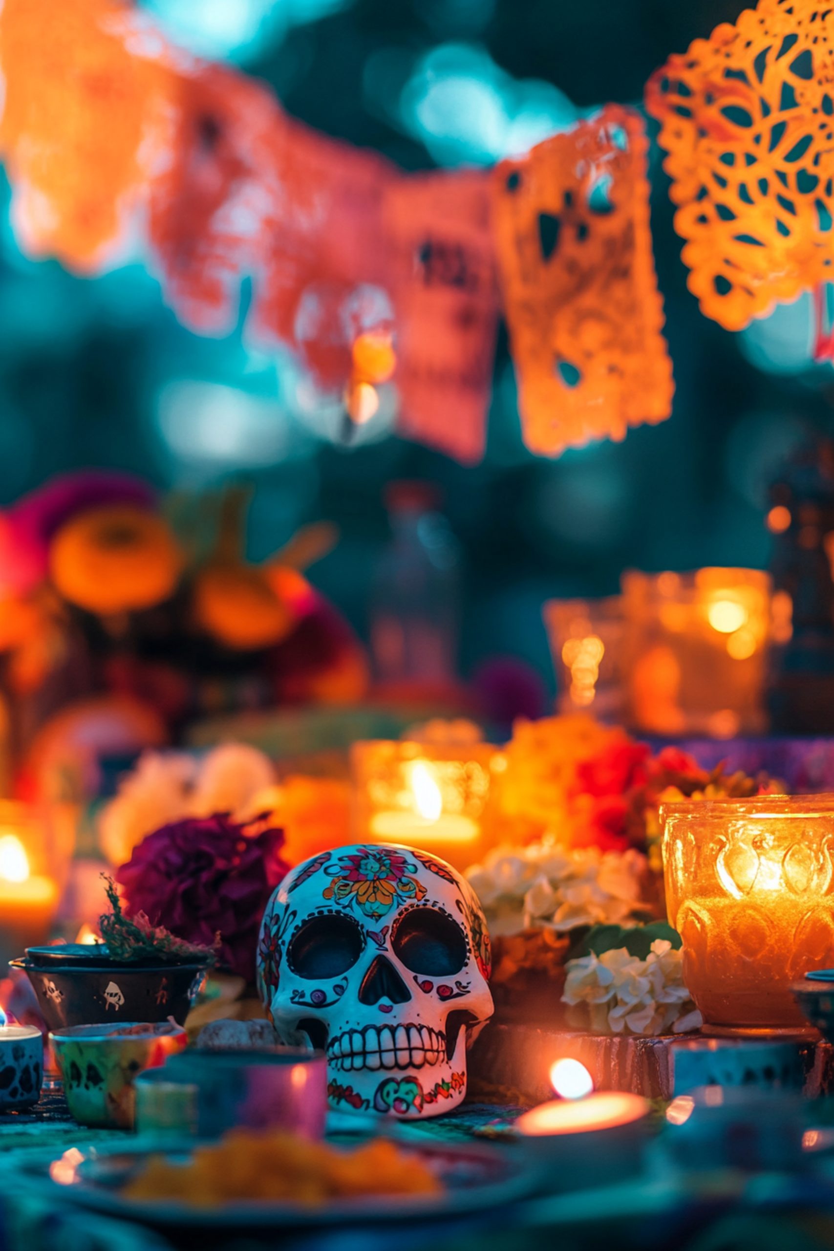 Décoration traditionnelle du Día de los Muertos utilisée dans un cours d'espagnol pour découvrir la langue et la culture mexicaines.