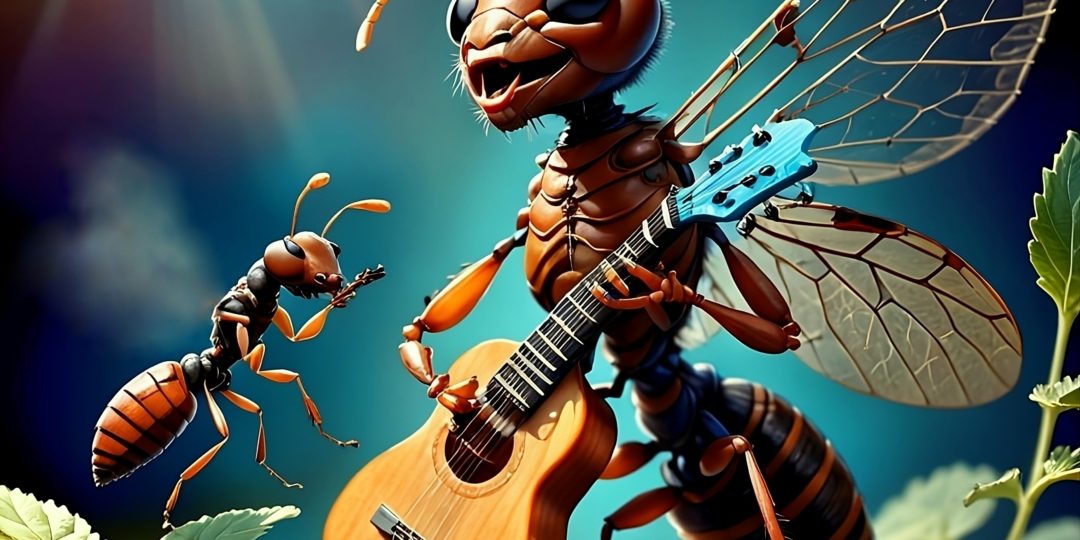 Illustration d'insectes musiciens inspirée des Fables de Jean de La Fontaine pour un spectacle mêlant théâtre, musique et littérature.
