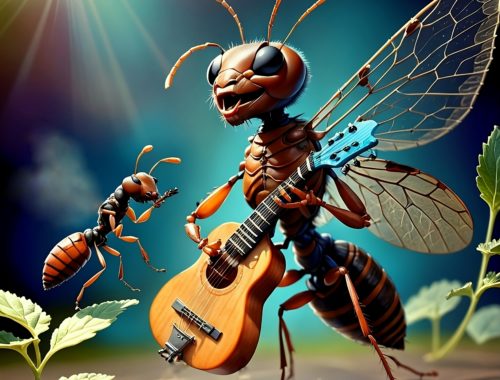 Illustration d'insectes musiciens inspirée des Fables de Jean de La Fontaine pour un spectacle mêlant théâtre, musique et littérature.