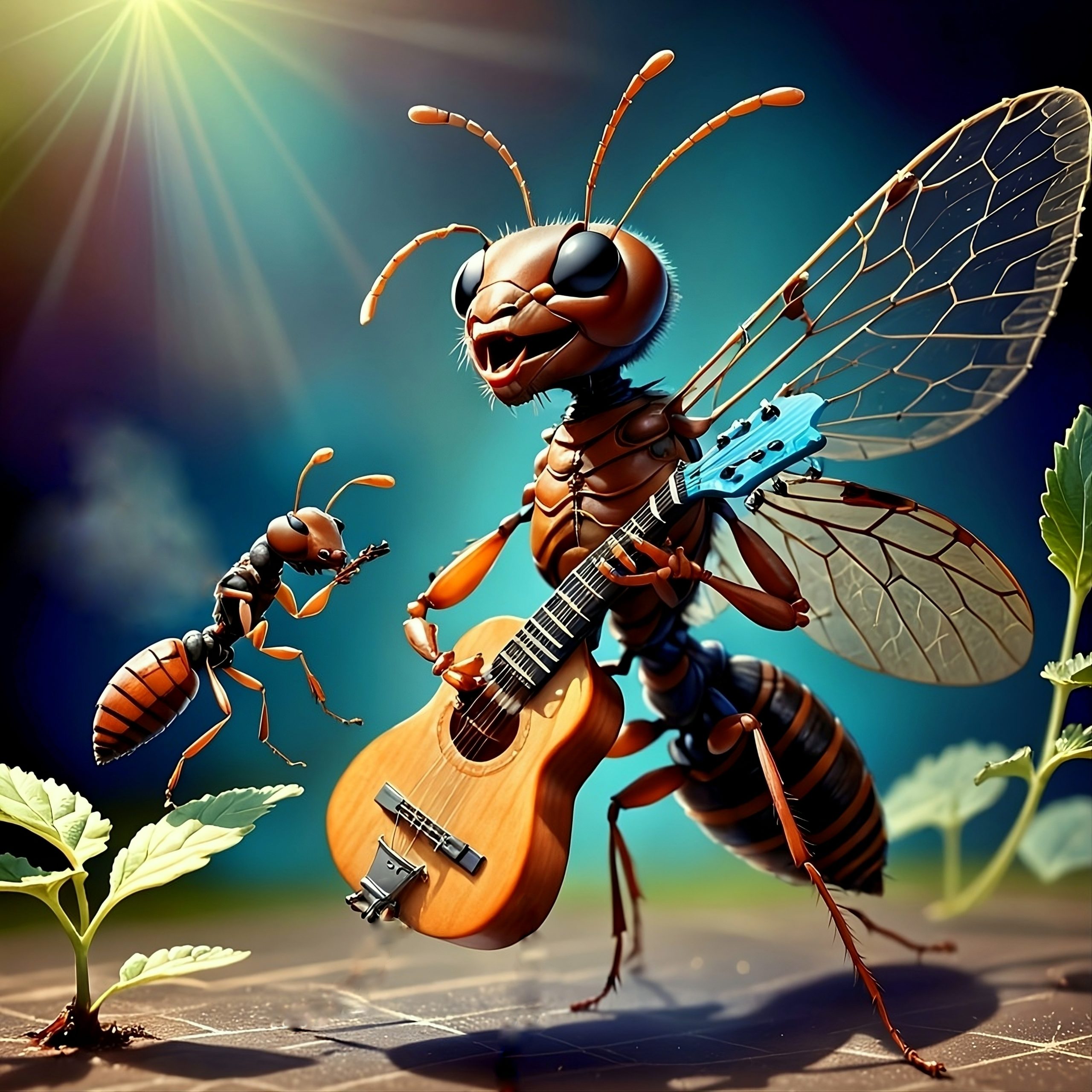 Illustration d'insectes musiciens inspirée des Fables de Jean de La Fontaine pour un spectacle mêlant théâtre, musique et littérature.