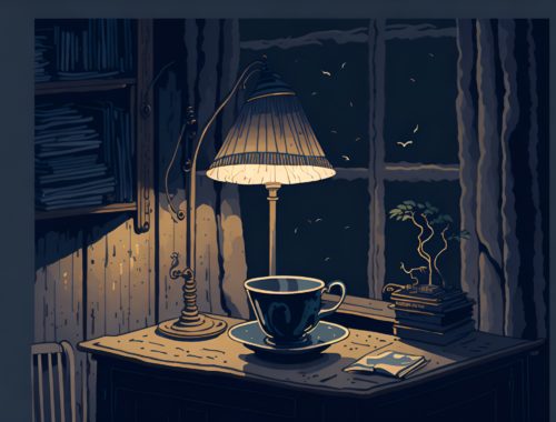 Illustration d'un bureau sur lequel est posé une tasse ainsi qu'une lampe qui éclaire la pièce.