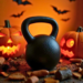 Kettlebell devant des citrouilles d'Halloween illuminées pour une séance de training sportive sur le thème d'Halloween.