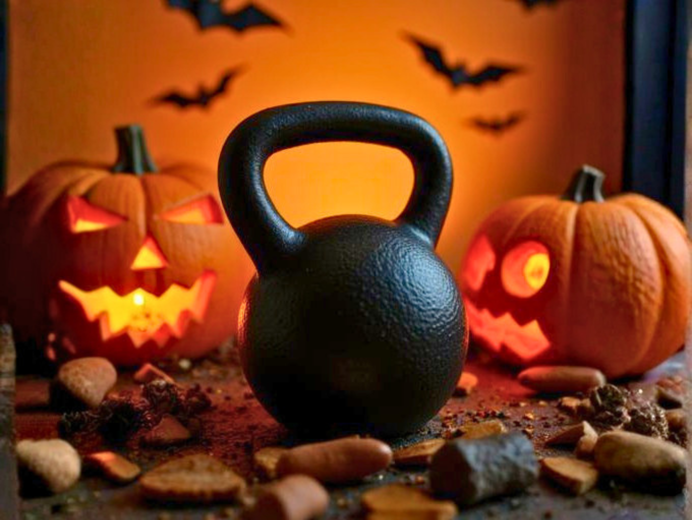 Kettlebell devant des citrouilles d'Halloween illuminées pour une séance de training sportive sur le thème d'Halloween.